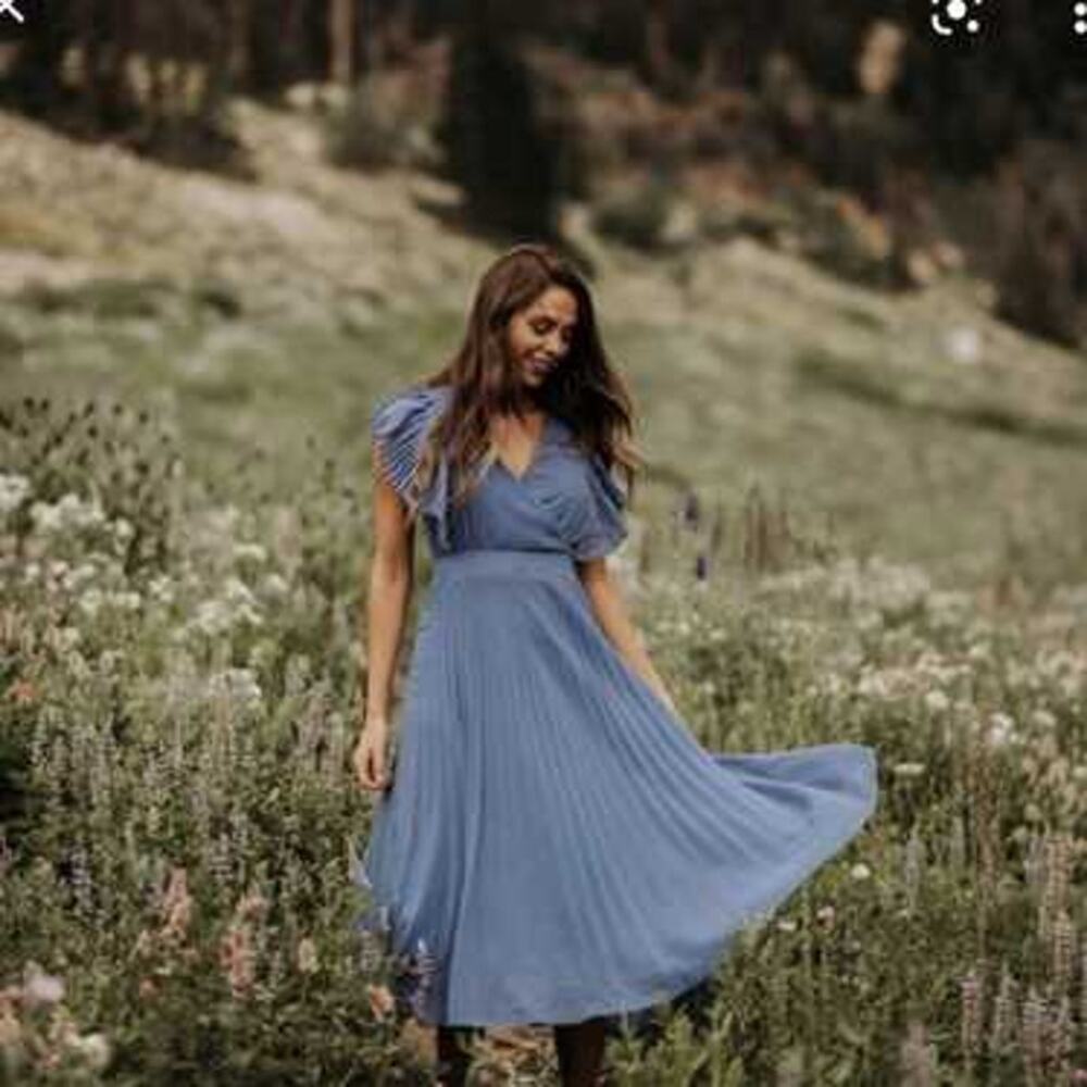 Ivy City Co Alice in Wonderland Pleated Short Sleeve Dress Flowy Pale Blue Midi